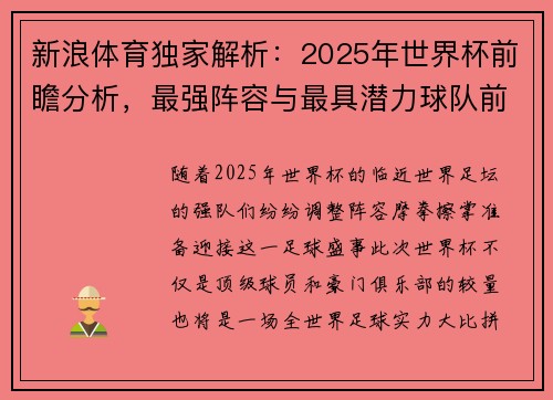新浪体育独家解析：2025年世界杯前瞻分析，最强阵容与最具潜力球队前景预测